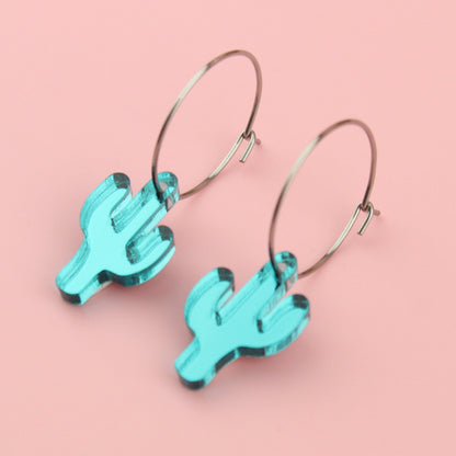 Teal Crazy Cactus Lady Hoop Earrings