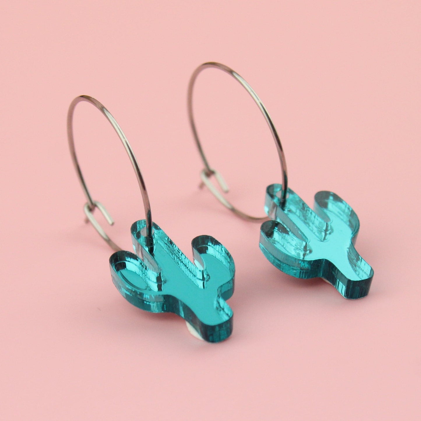 Teal Crazy Cactus Lady Hoop Earrings