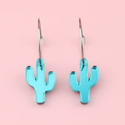 Teal Crazy Cactus Lady Hoop Earrings