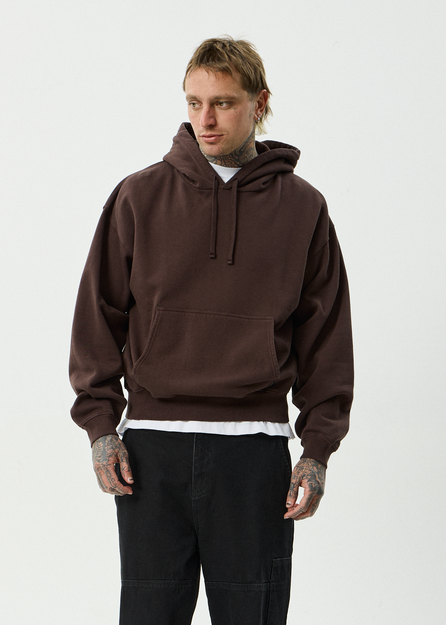 AFENDS Mens Genesis - Boxy Pull On Hood - Washed Coffee