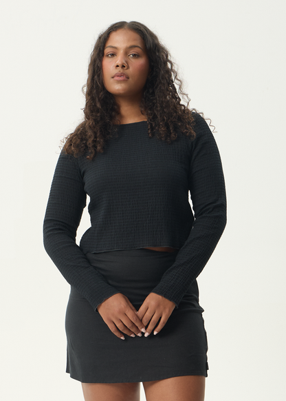 AFENDS Womens Focus - Seersucker Long Sleeve Top - Black