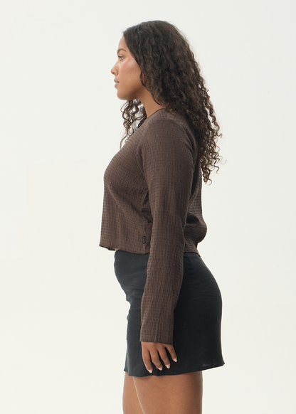 AFENDS Womens Focus - Seersucker Long Sleeve Top - Coffee