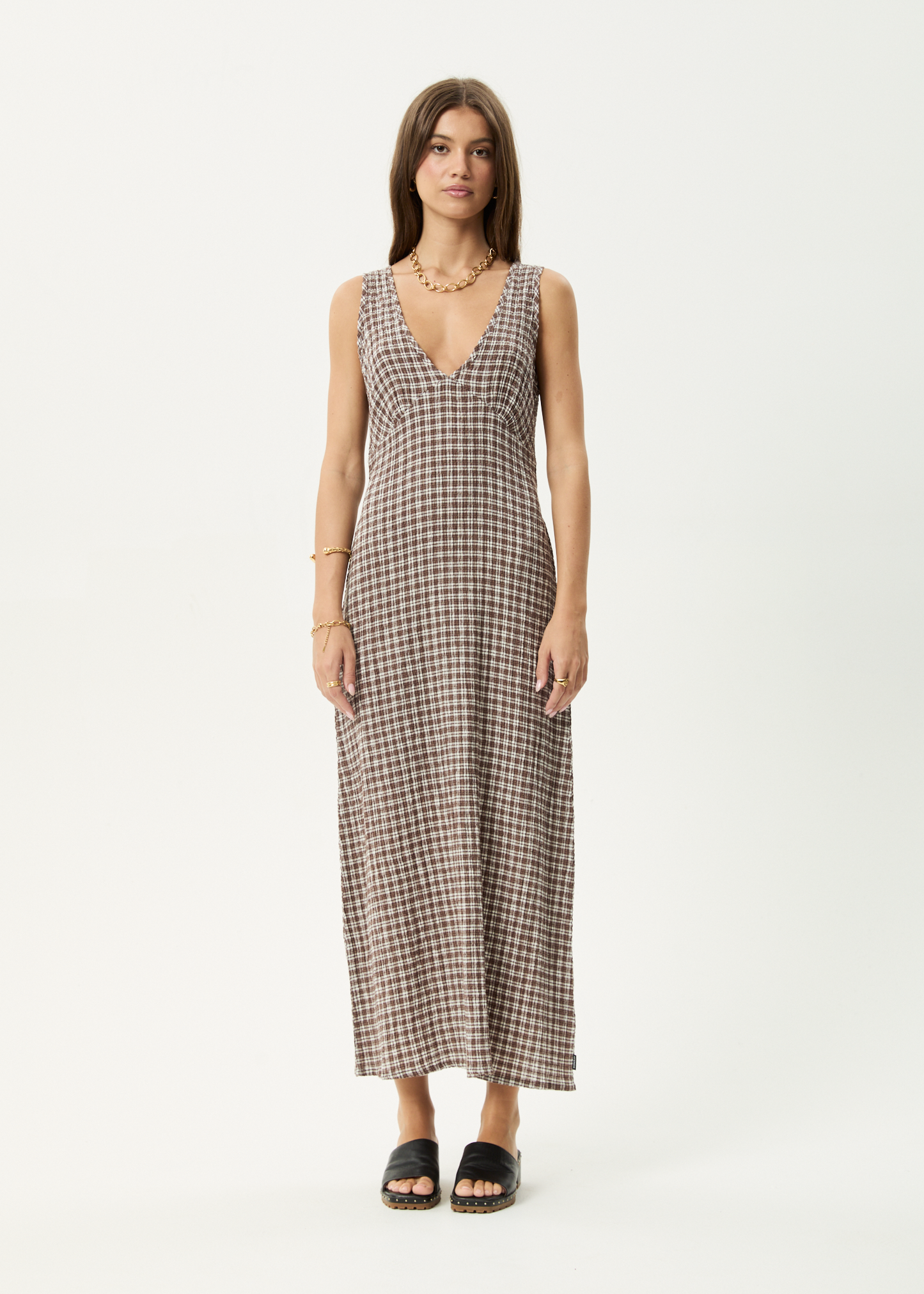 AFENDS Womens Tully - Seersucker Maxi Dress - Base Coffee Check