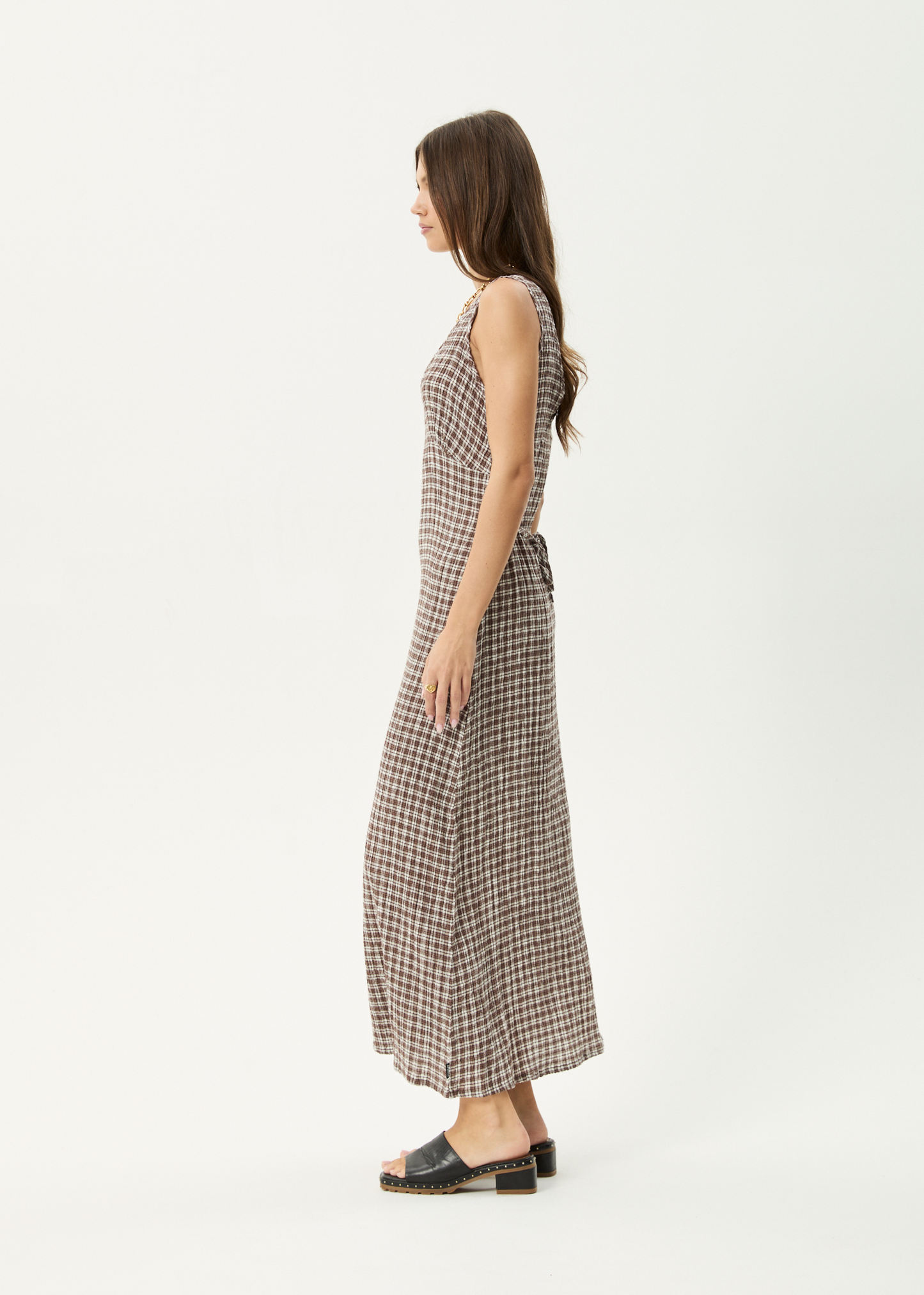 AFENDS Womens Tully - Seersucker Maxi Dress - Base Coffee Check