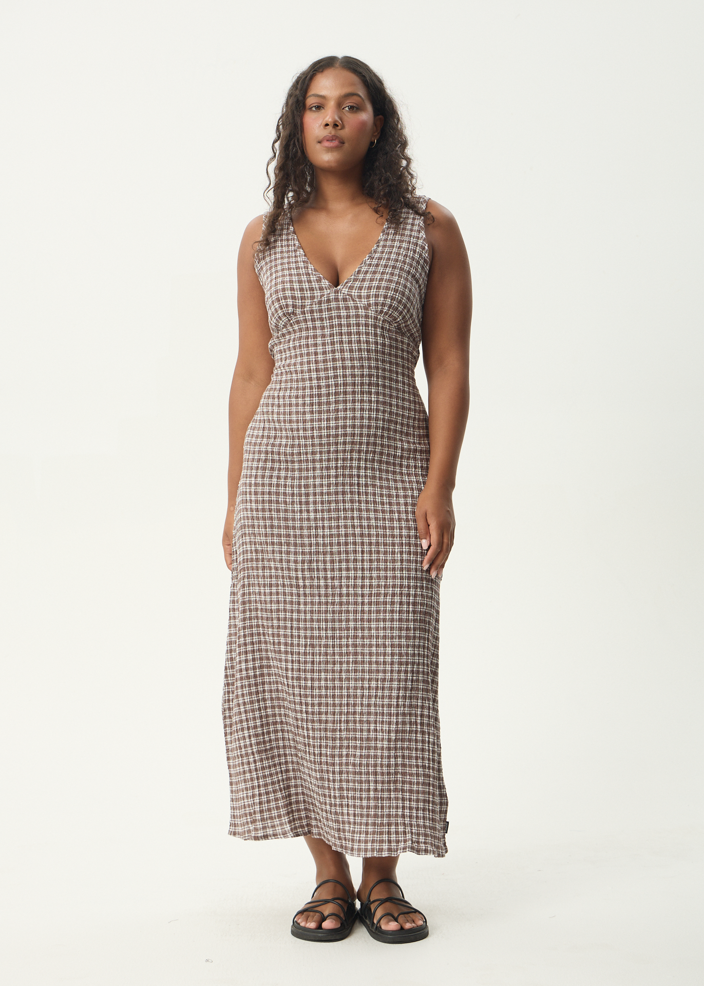 AFENDS Womens Tully - Seersucker Maxi Dress - Base Coffee Check