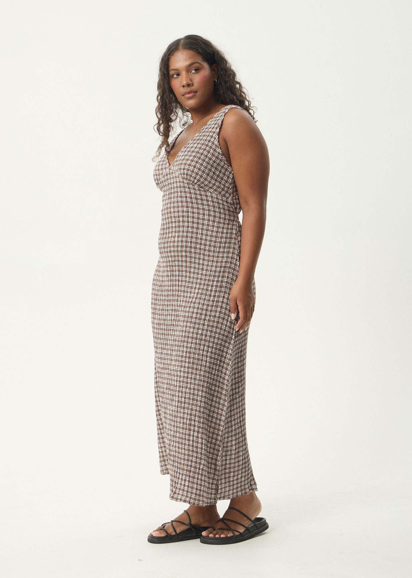 AFENDS Womens Tully - Seersucker Maxi Dress - Base Coffee Check