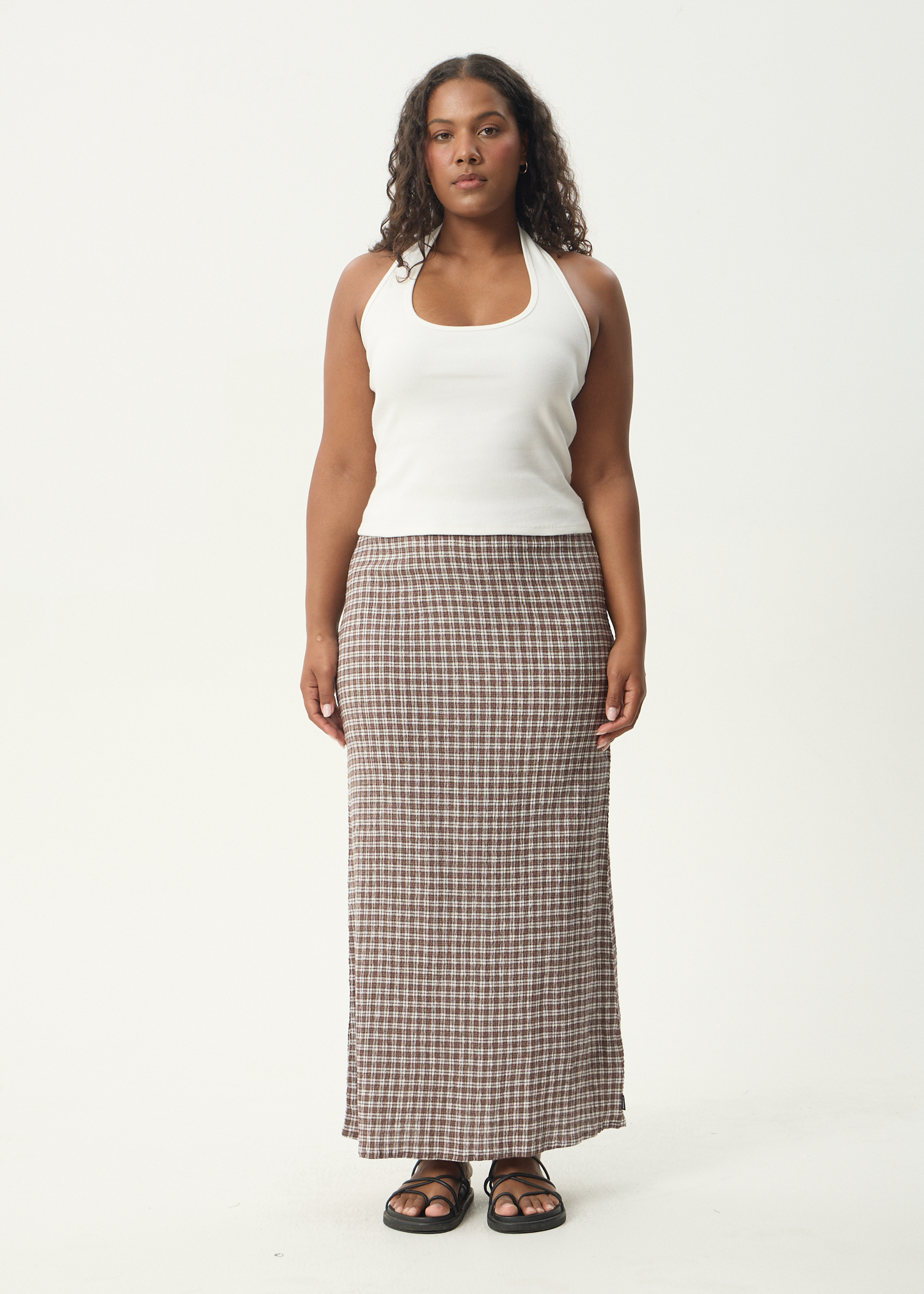 AFENDS Womens Lita - Seersucker Maxi Skirt - Base Coffee Check