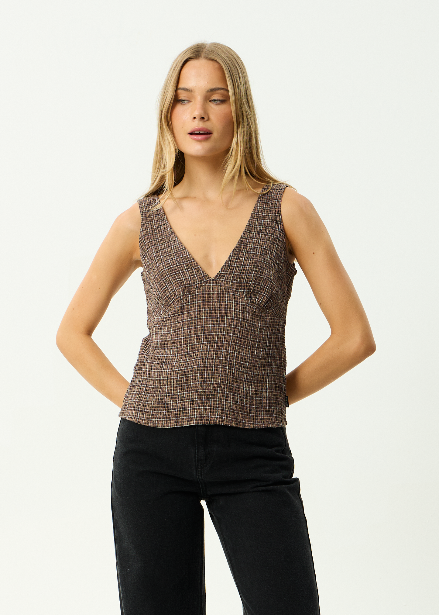 AFENDS Womens Giselle - Seersucker Top - Coffee