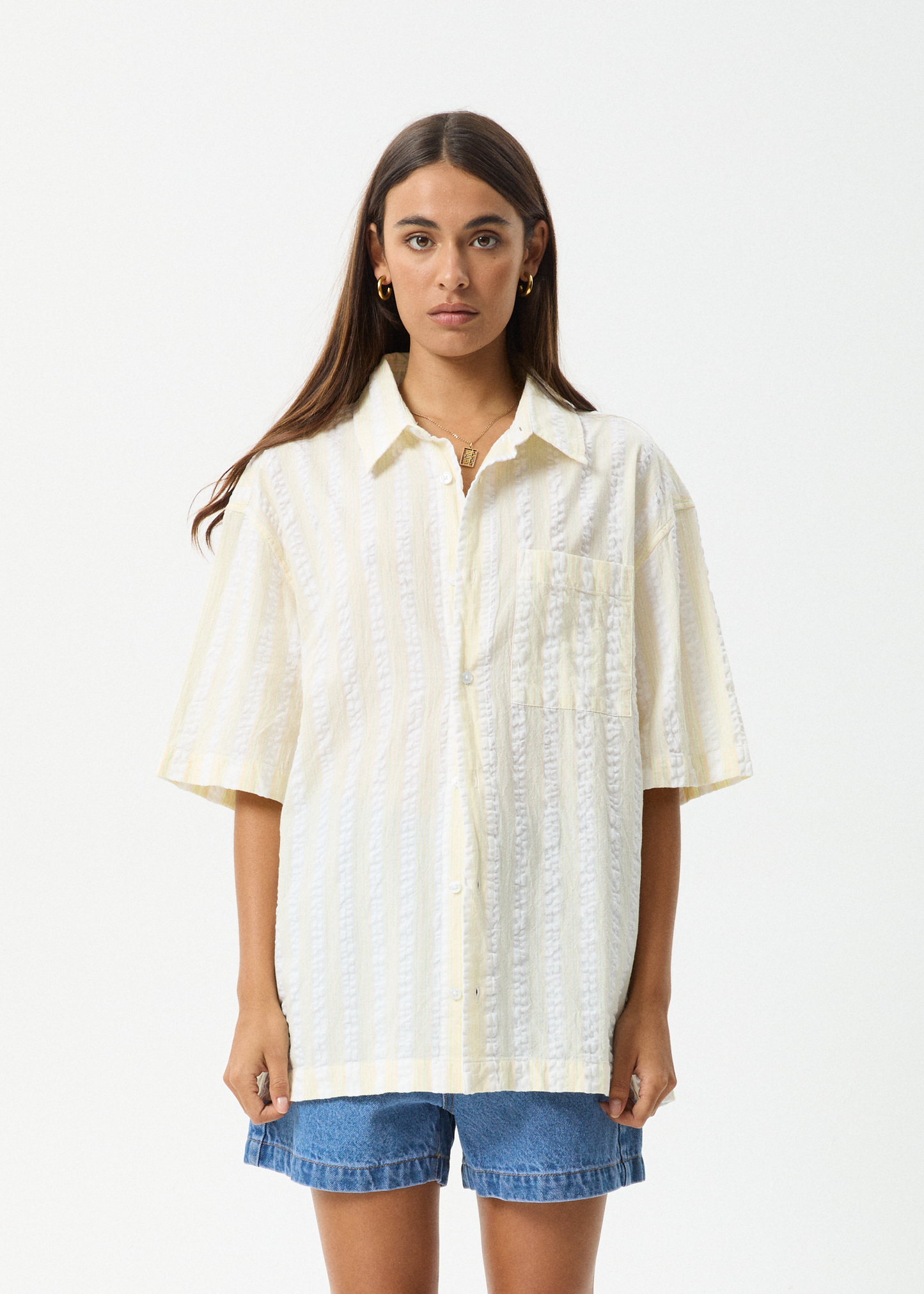 AFENDS Womens Splice - Seersucker Short Sleeve Shirt - White / Lemongrass