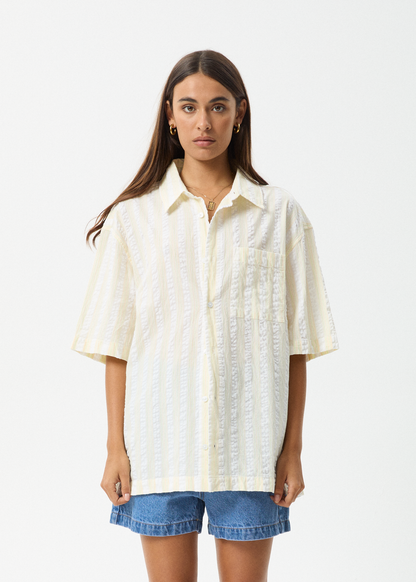 AFENDS Womens Splice - Seersucker Short Sleeve Shirt - White / Lemongrass