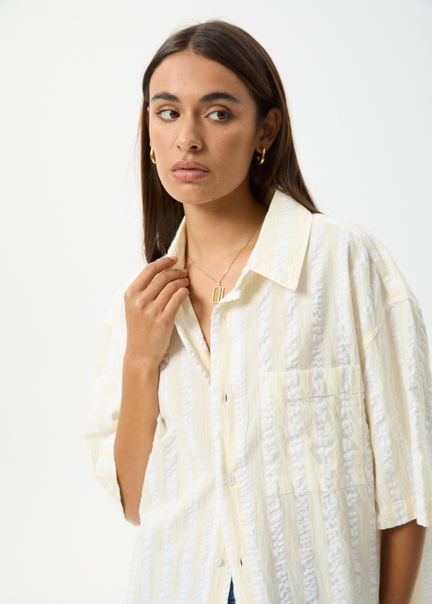 AFENDS Womens Splice - Seersucker Short Sleeve Shirt - White / Lemongrass