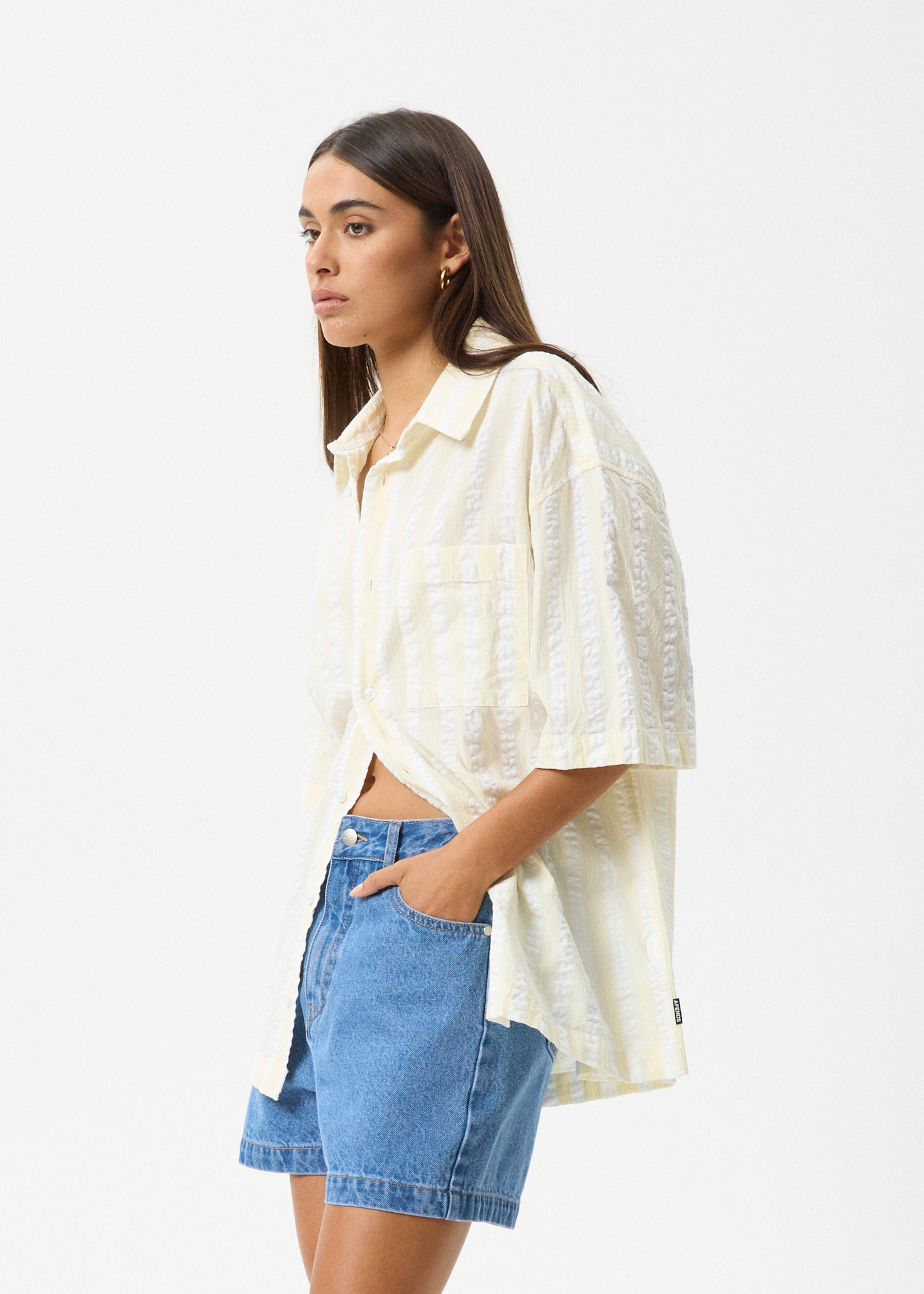 AFENDS Womens Splice - Seersucker Short Sleeve Shirt - White / Lemongrass