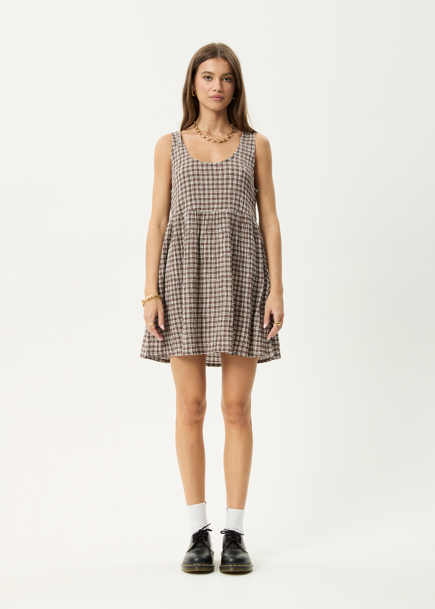 AFENDS Womens Jesse - Seersucker Mini Dress - Coffee Check