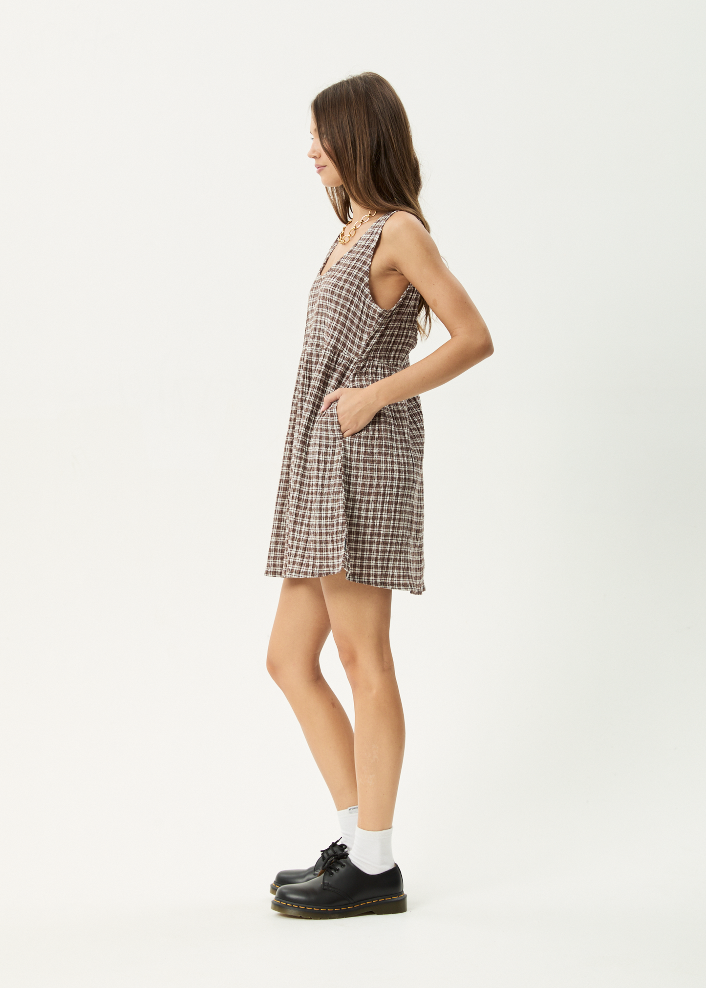 AFENDS Womens Jesse - Seersucker Mini Dress - Coffee Check