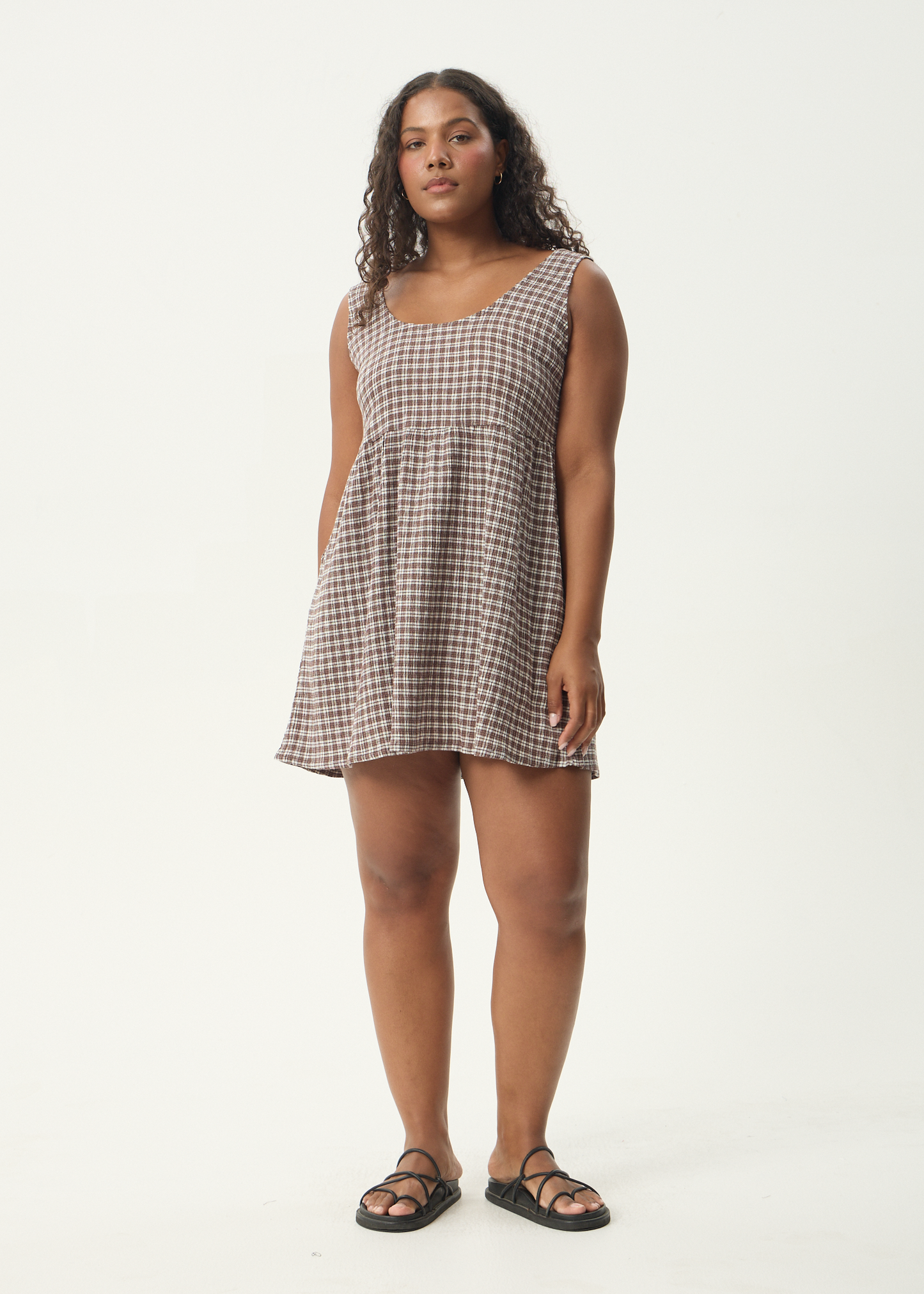 AFENDS Womens Jesse - Seersucker Mini Dress - Coffee Check