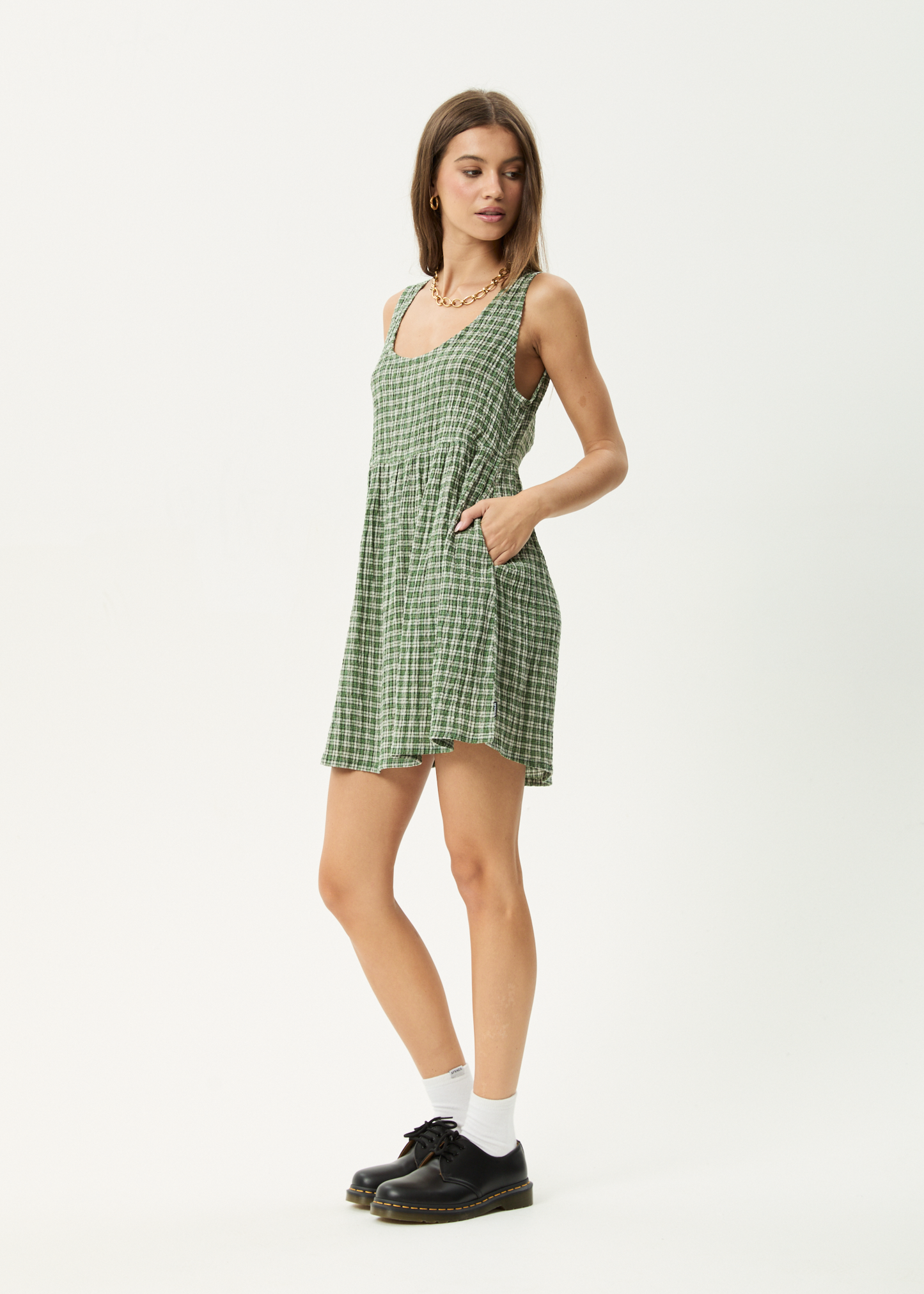AFENDS Womens Jesse - Seersucker Mini Dress - Deep Green Check