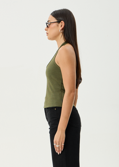 AFENDS Womens Basis - Rib Halter - Deep Olive