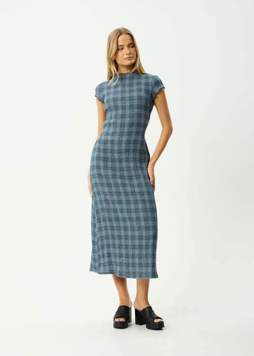 AFENDS Womens Elodie - Seersucker Midi Dress - Position Navy Check