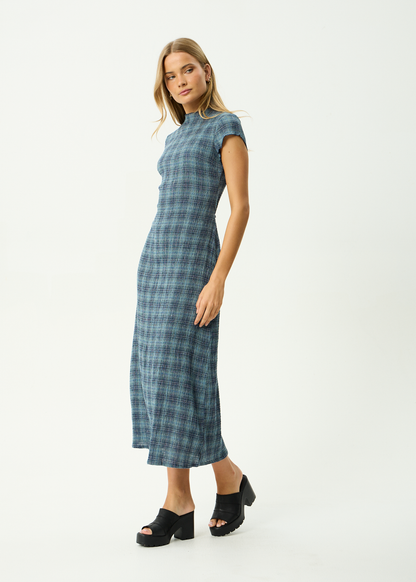 AFENDS Womens Elodie - Seersucker Midi Dress - Position Navy Check