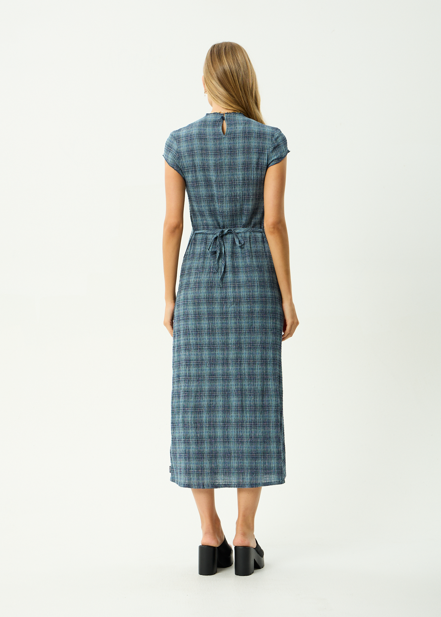 AFENDS Womens Elodie - Seersucker Midi Dress - Position Navy Check