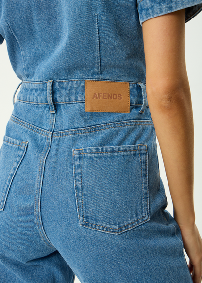 AFENDS Womens Miami - Denim Flared Leg Jumpsuit - Worn Blue