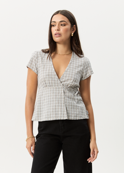 AFENDS Womens Drew - Seersucker Tie Top - Taupe Check