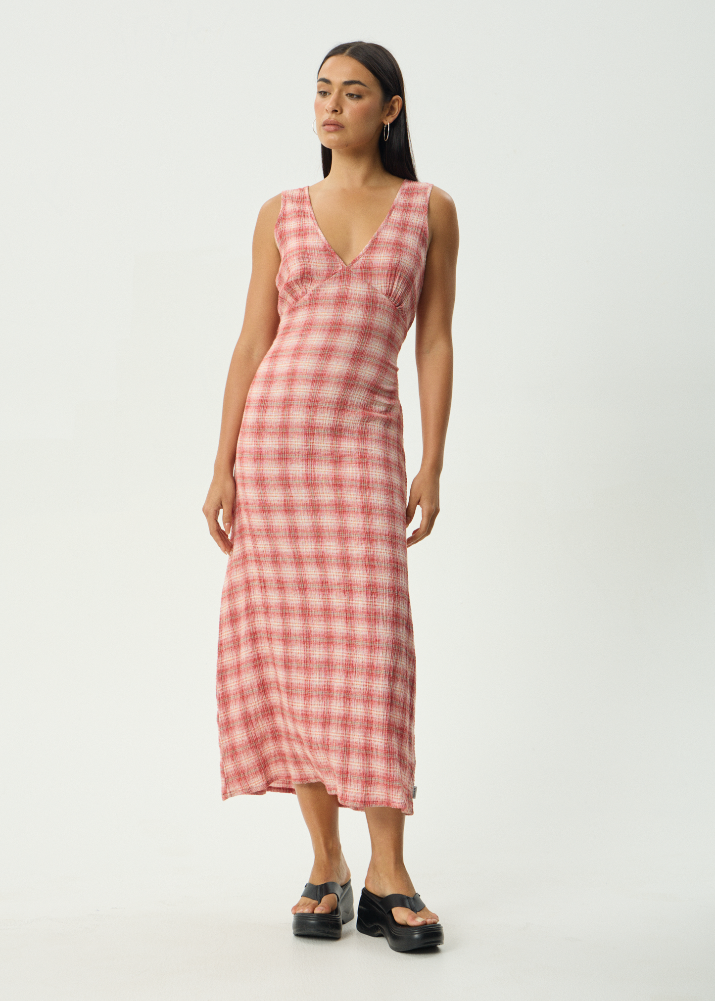 AFENDS Womens Position Tully - Seersucker Maxi Dress - Red Check