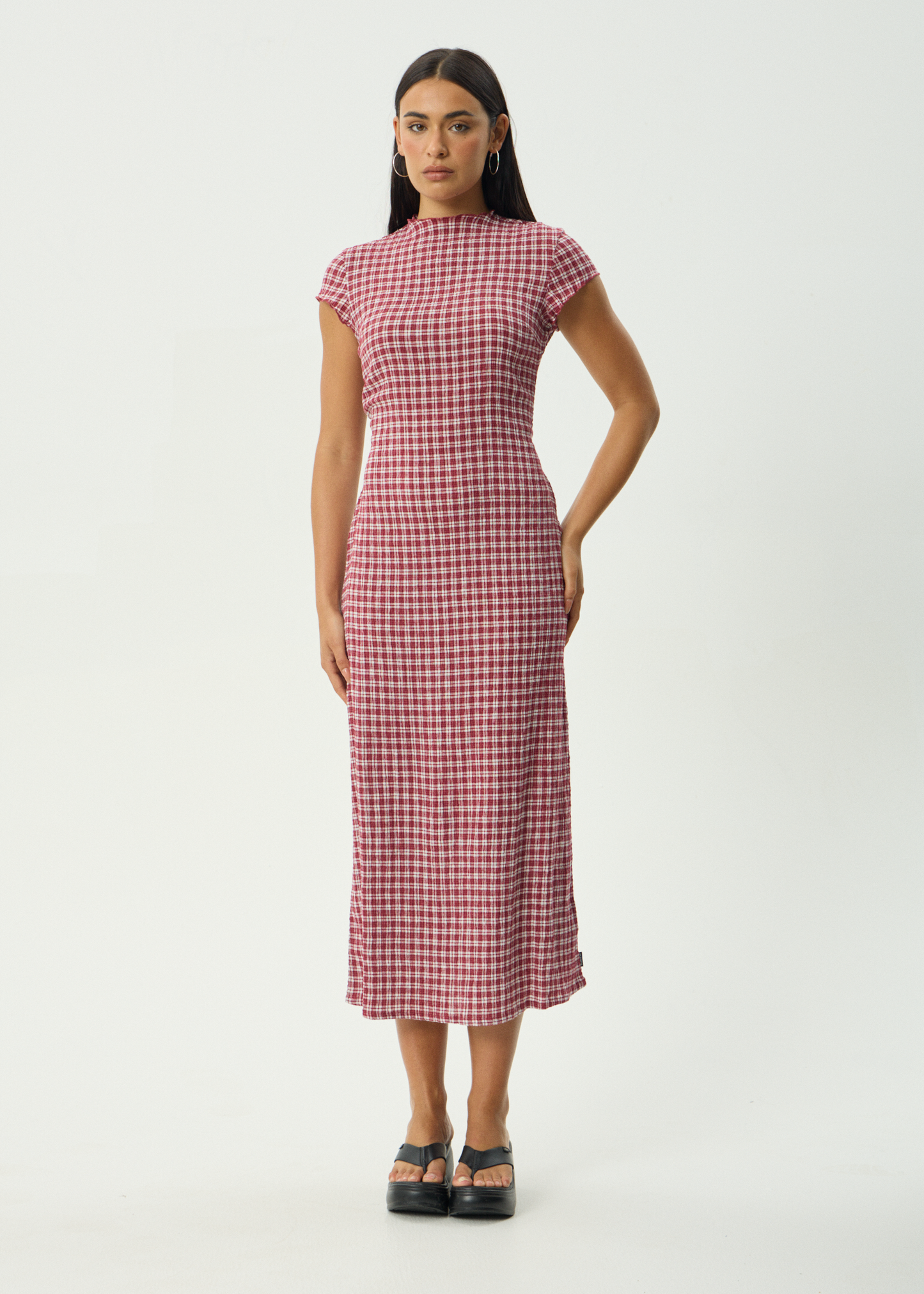 AFENDS Womens Elodie - Seersucker Midi Dress - Base Burgundy Check