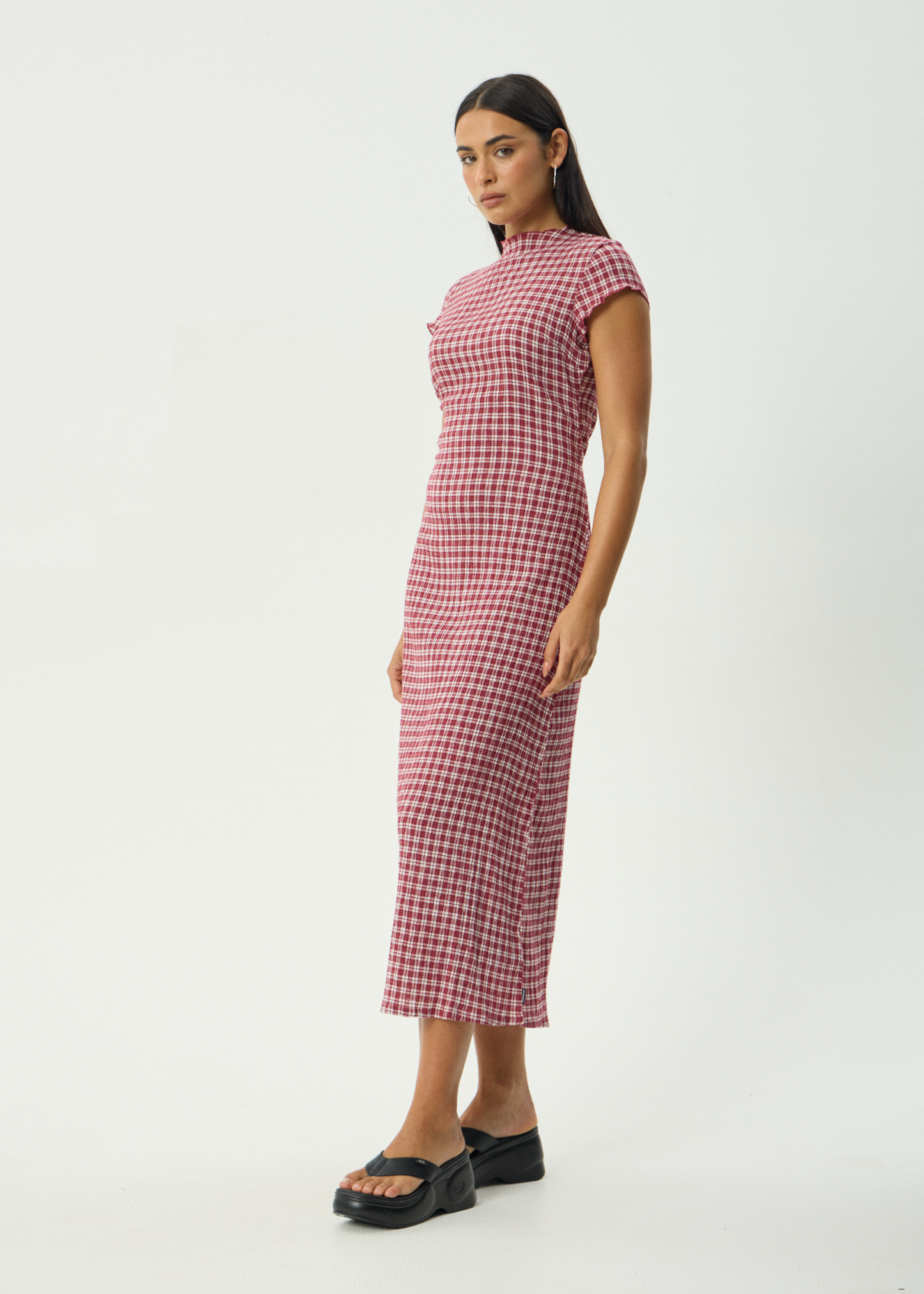 AFENDS Womens Elodie - Seersucker Midi Dress - Base Burgundy Check