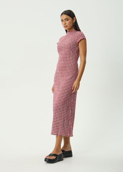AFENDS Womens Elodie - Seersucker Midi Dress - Base Burgundy Check