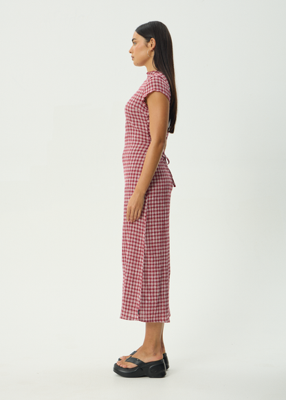 AFENDS Womens Elodie - Seersucker Midi Dress - Base Burgundy Check