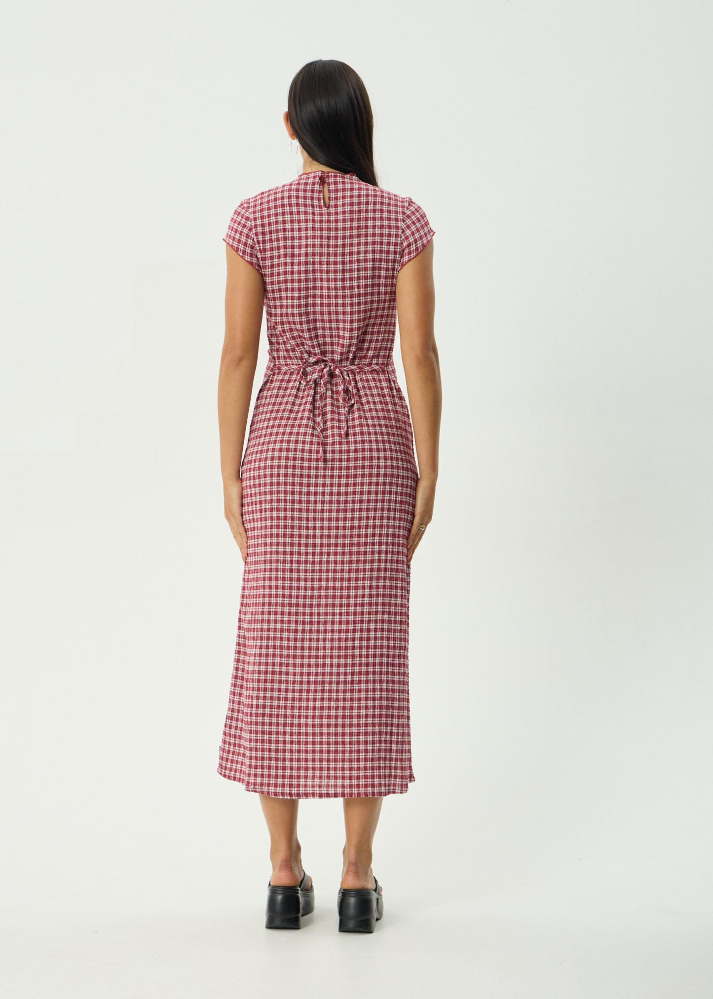 AFENDS Womens Elodie - Seersucker Midi Dress - Base Burgundy Check