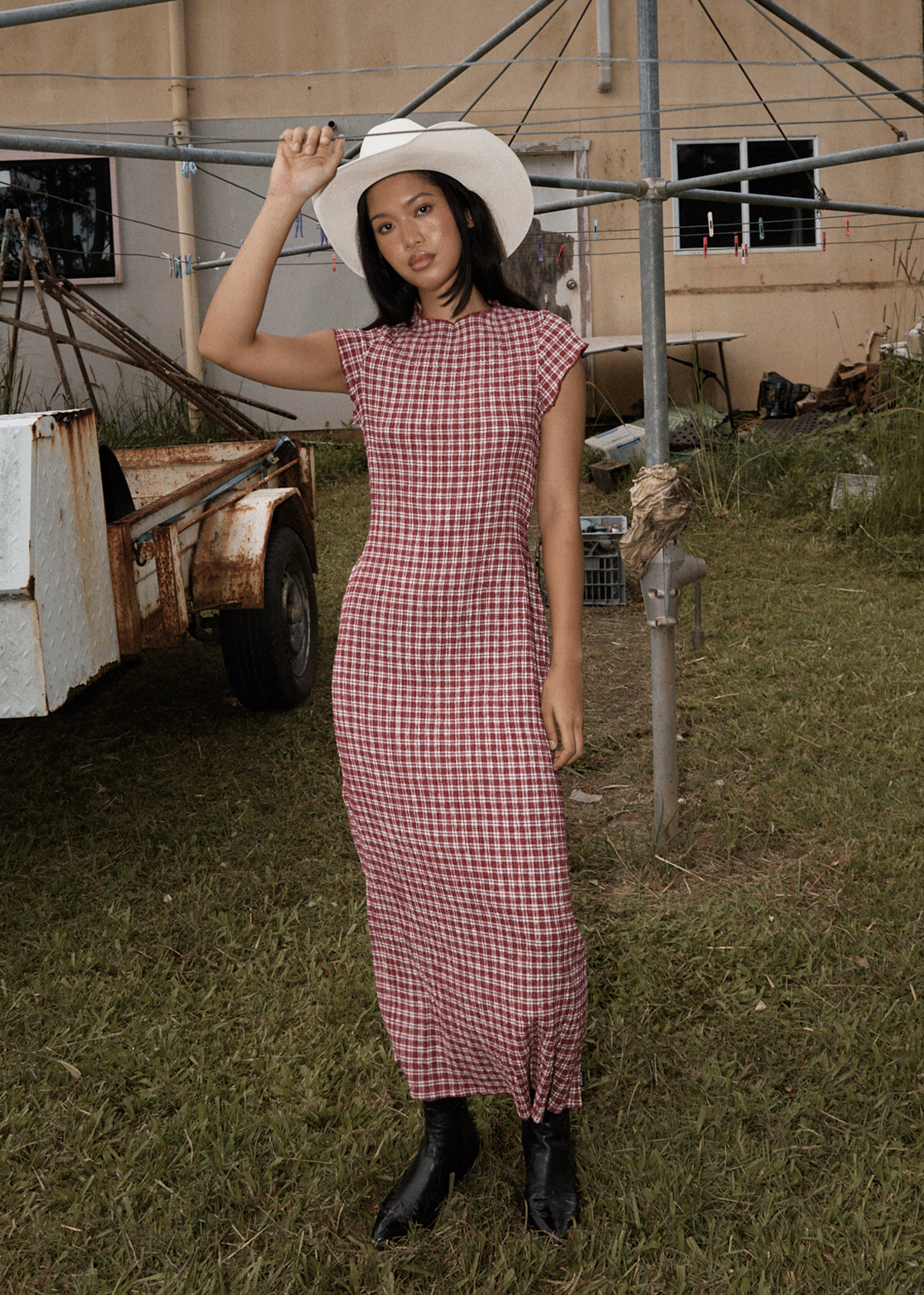 AFENDS Womens Elodie - Seersucker Midi Dress - Base Burgundy Check
