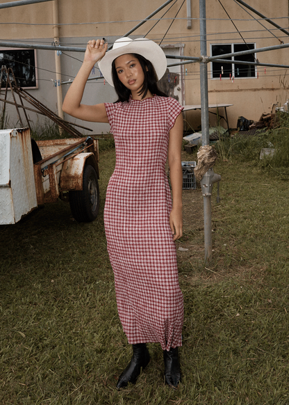 AFENDS Womens Elodie - Seersucker Midi Dress - Base Burgundy Check