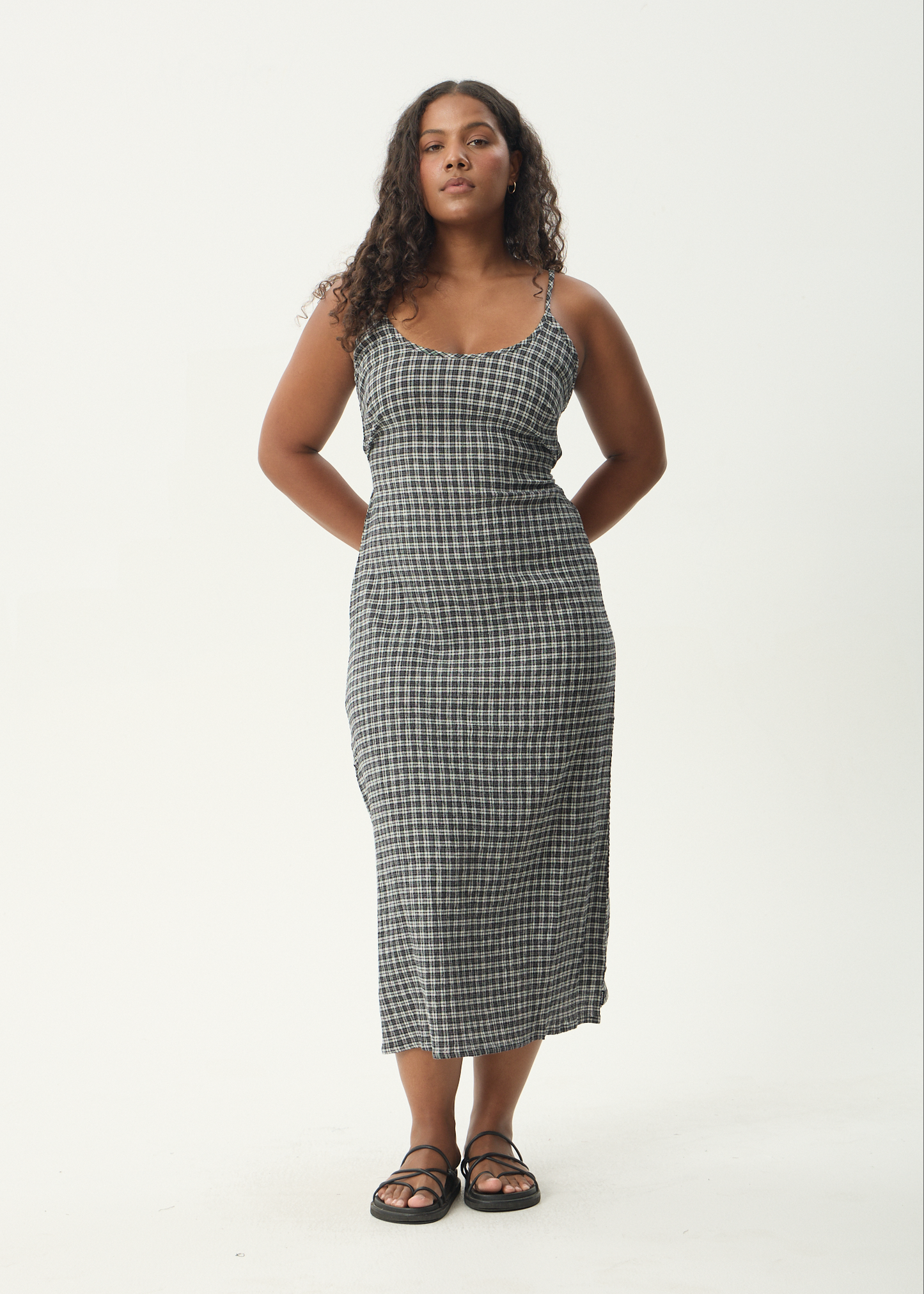 AFENDS Womens Rumi - Seersucker Midi Dress - Steel Check