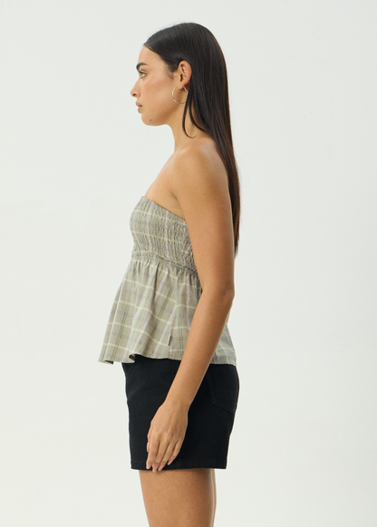 AFENDS Womens Scout - Check Strapless Top - Olive Check