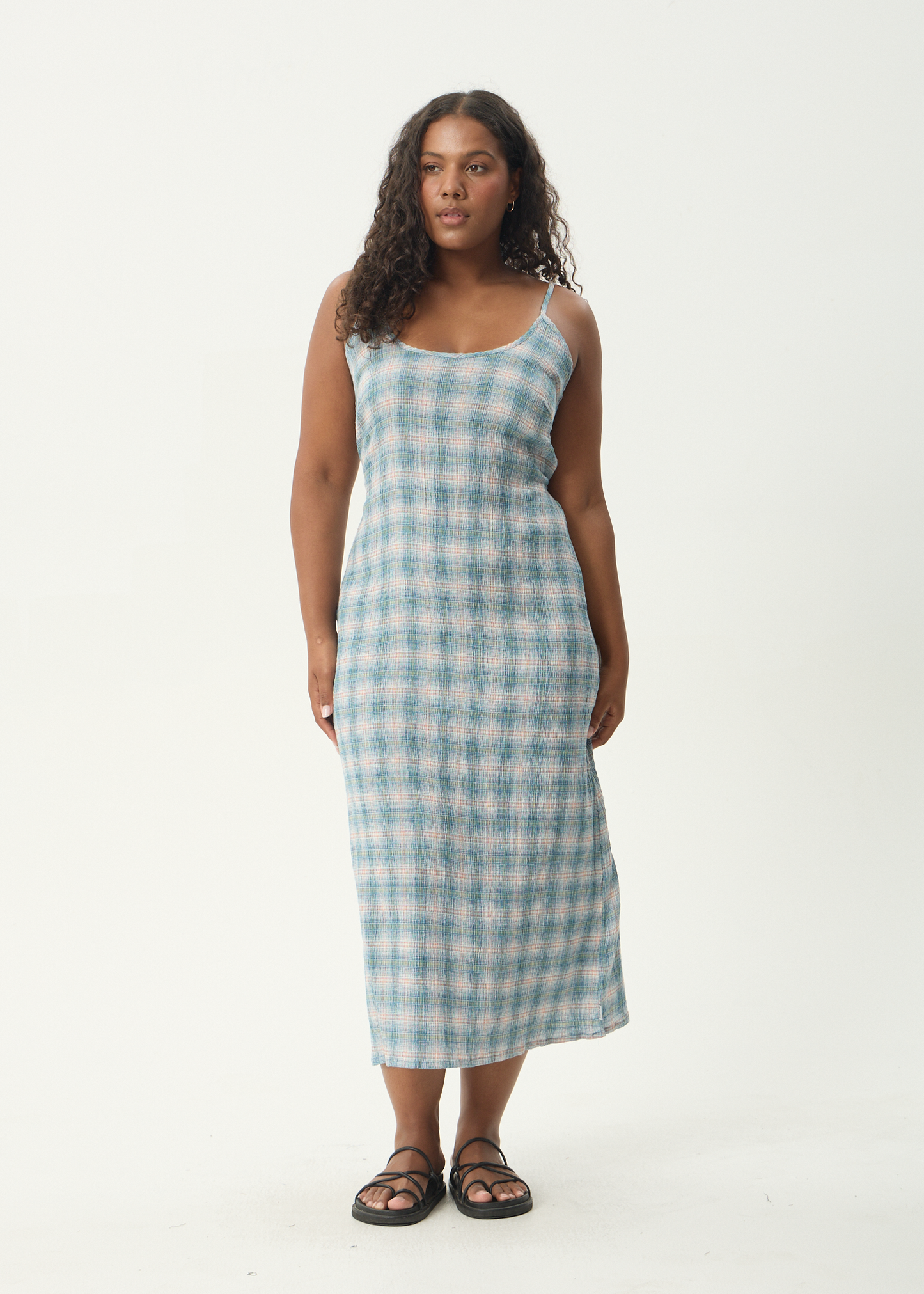 AFENDS Womens Rumi - Seersucker Midi Dress - Lake Check