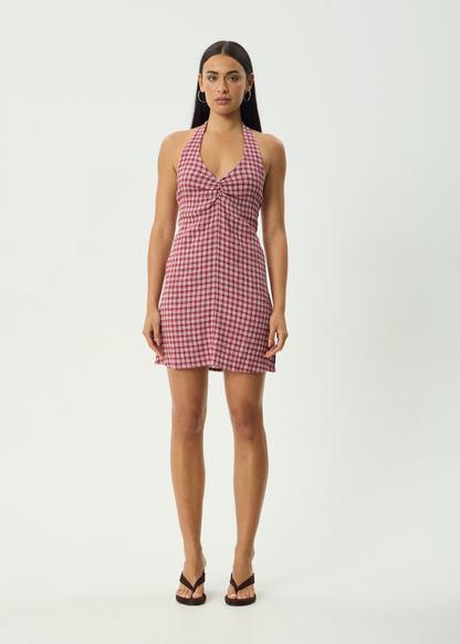 AFENDS Womens Montana - Seersucker Halter Mini Dress - Burgundy Check