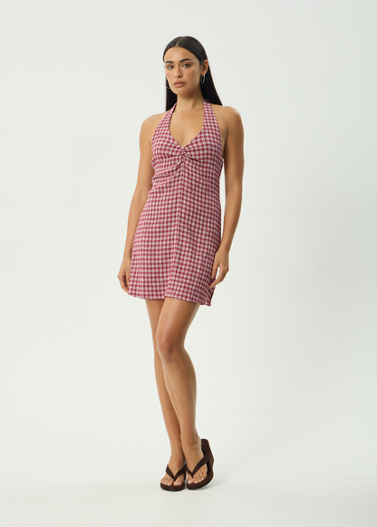 AFENDS Womens Montana - Seersucker Halter Mini Dress - Burgundy Check