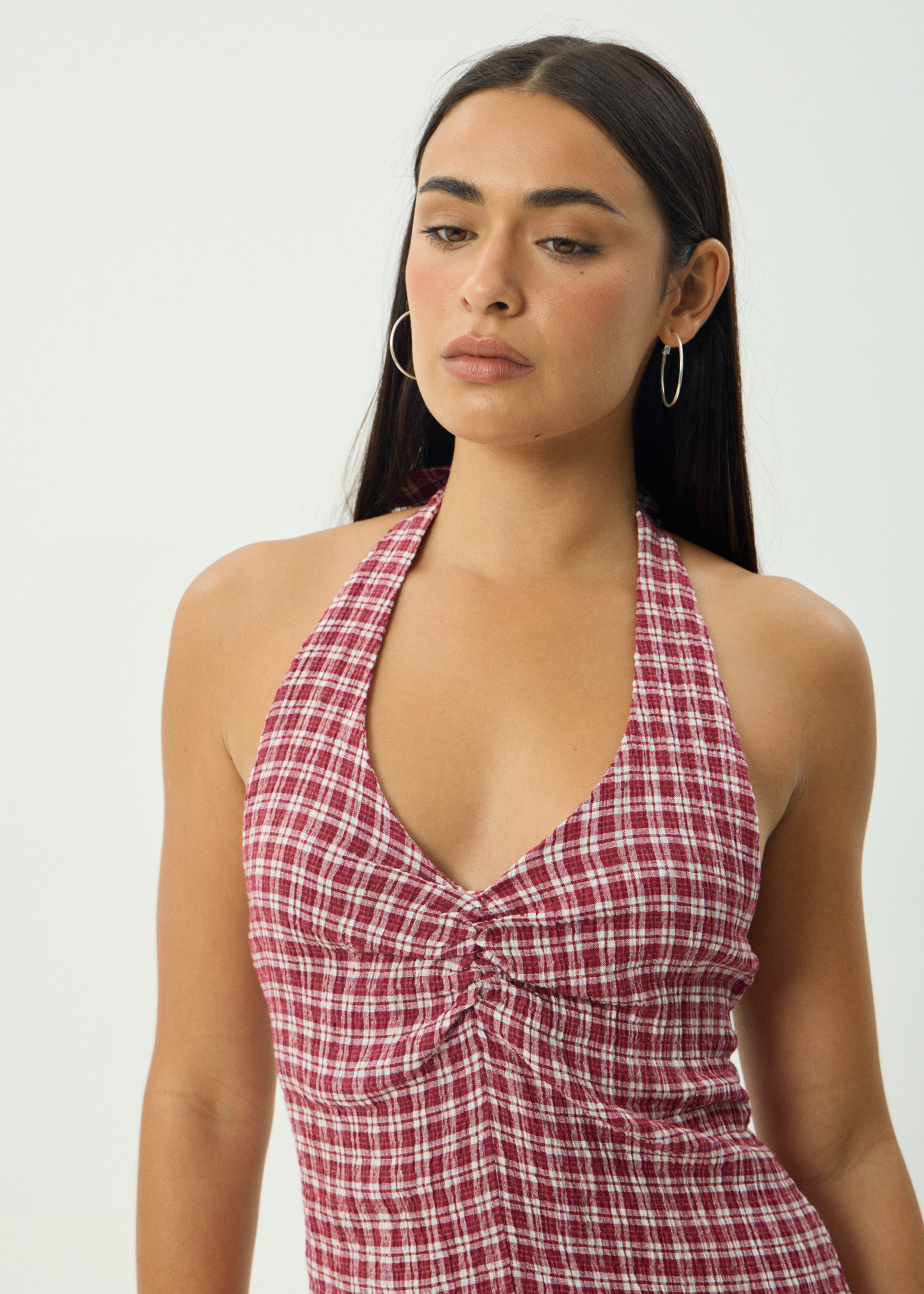 AFENDS Womens Montana - Seersucker Halter Mini Dress - Burgundy Check