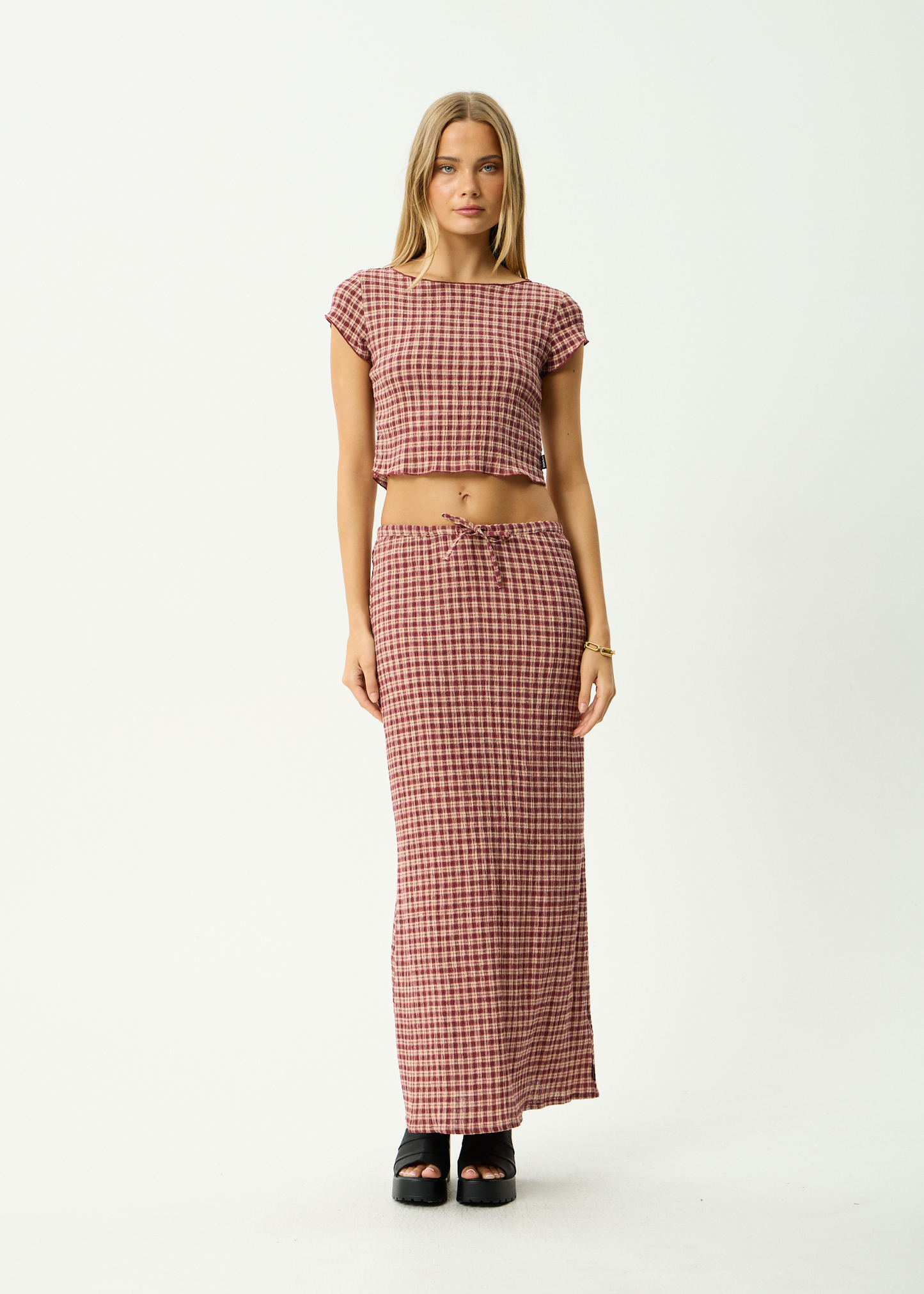 AFENDS Womens Darcy - Seersucker Top - Burgundy / Beige Check