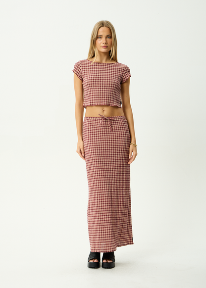 AFENDS Womens Darcy - Seersucker Top - Burgundy / Beige Check