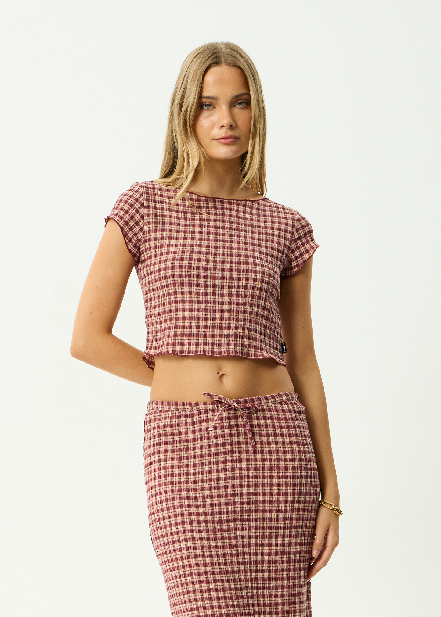 AFENDS Womens Darcy - Seersucker Top - Burgundy / Beige Check