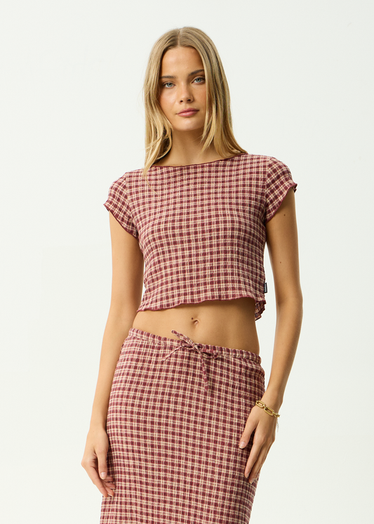 AFENDS Womens Darcy - Seersucker Top - Burgundy / Beige Check