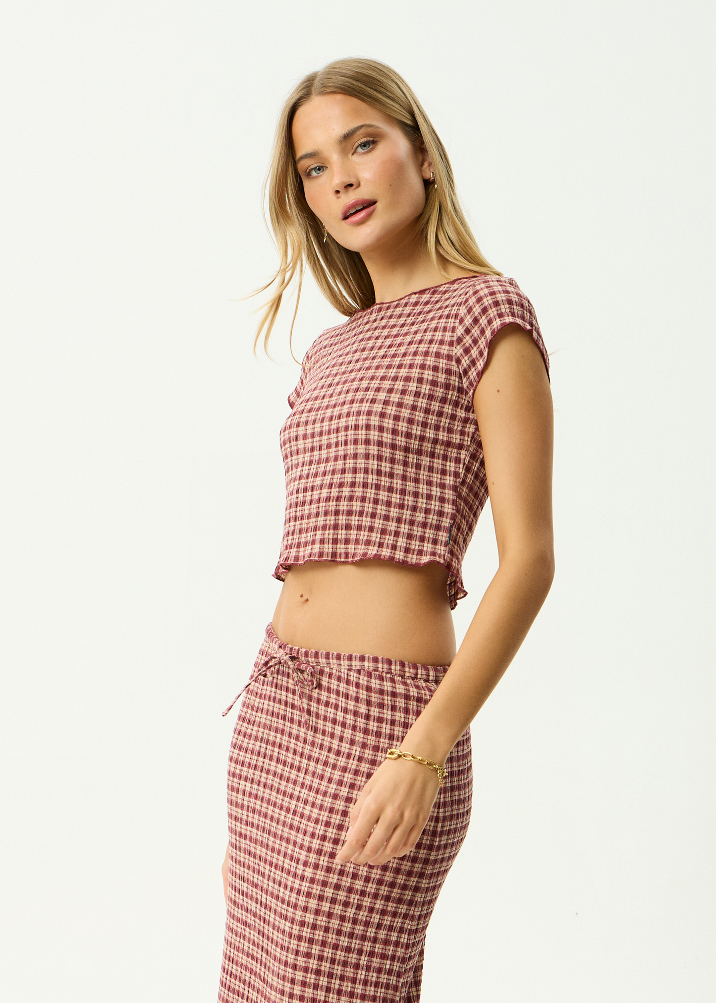 AFENDS Womens Darcy - Seersucker Top - Burgundy / Beige Check
