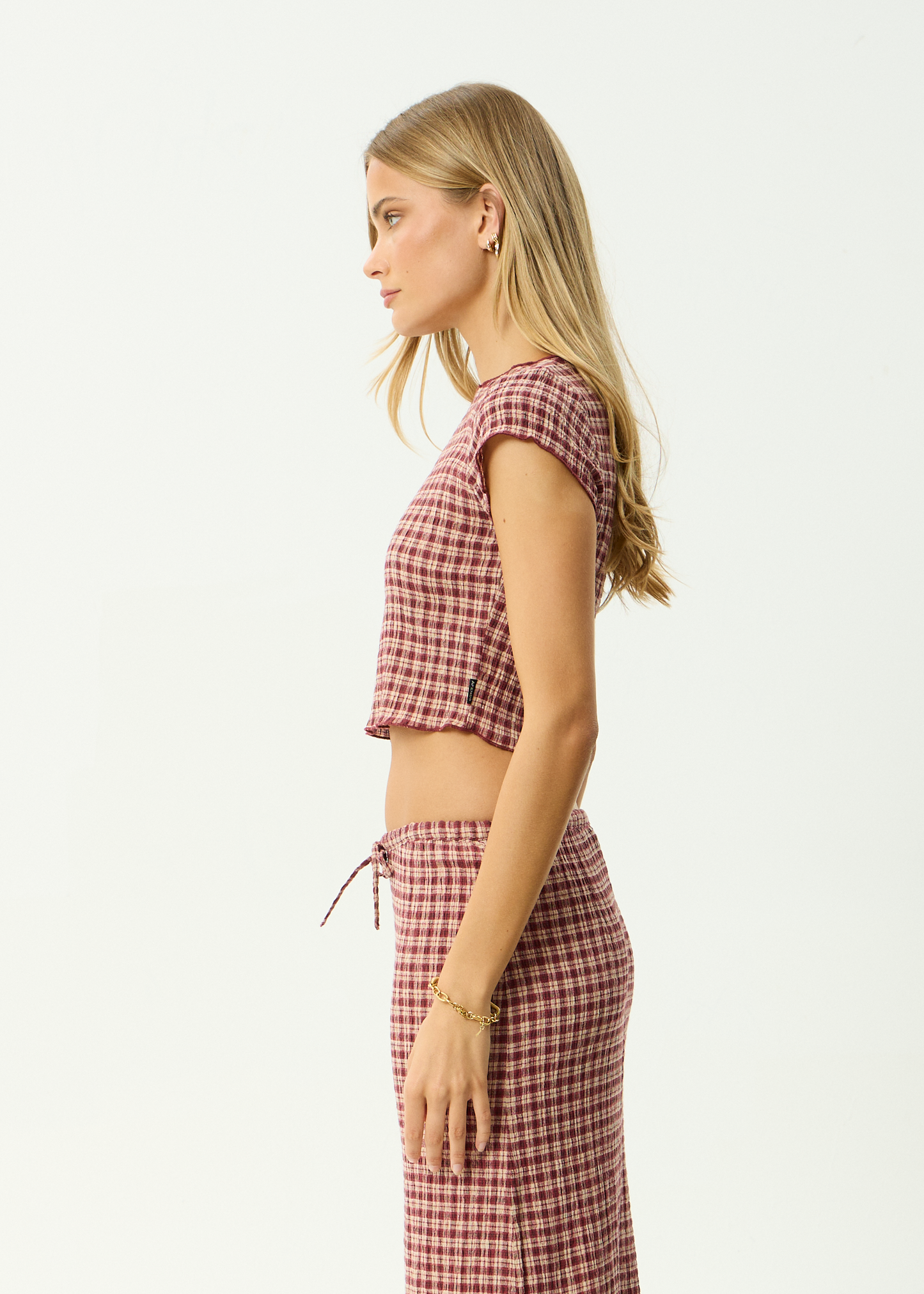 AFENDS Womens Darcy - Seersucker Top - Burgundy / Beige Check