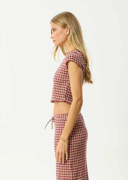 AFENDS Womens Darcy - Seersucker Top - Burgundy / Beige Check