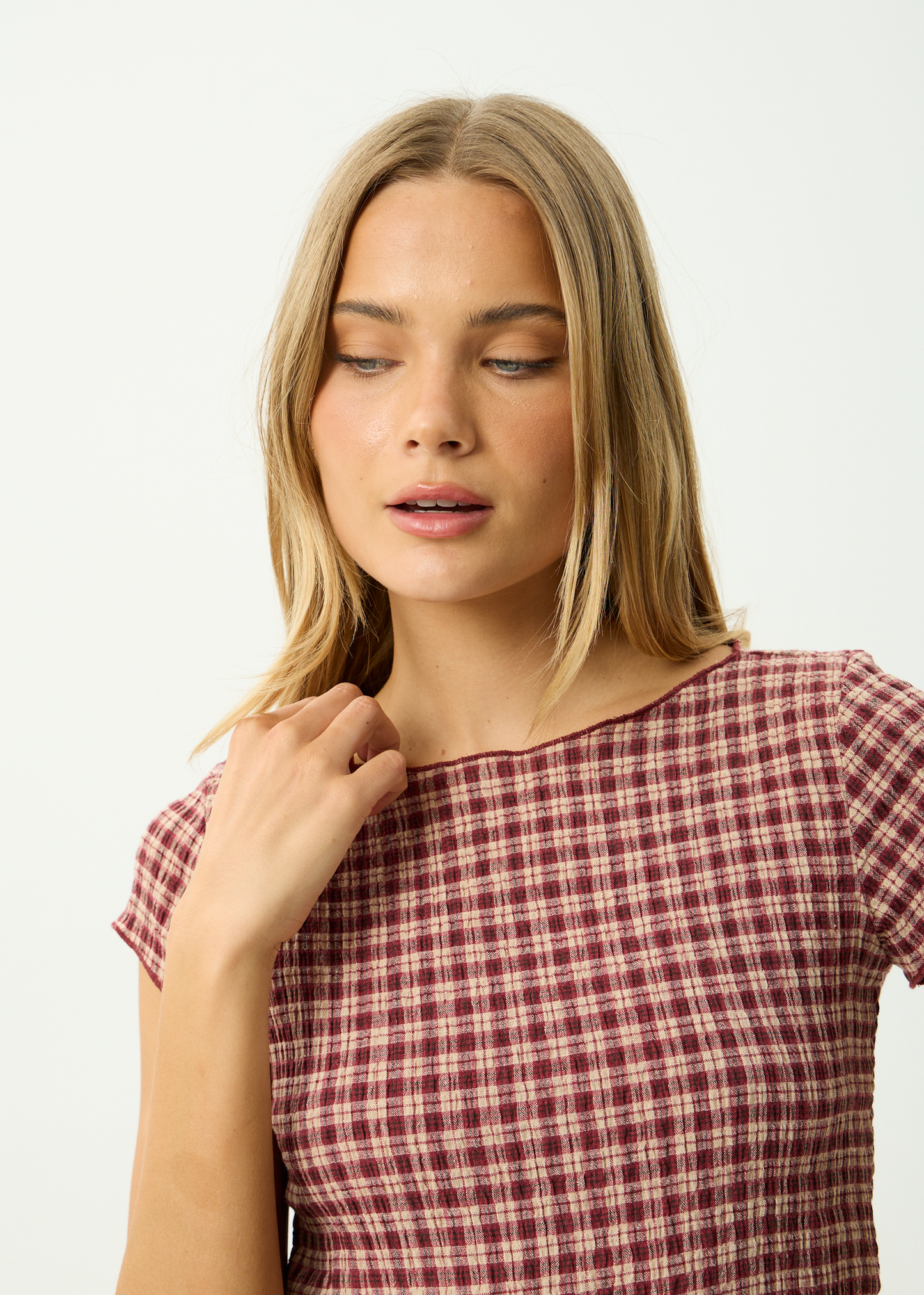 AFENDS Womens Darcy - Seersucker Top - Burgundy / Beige Check