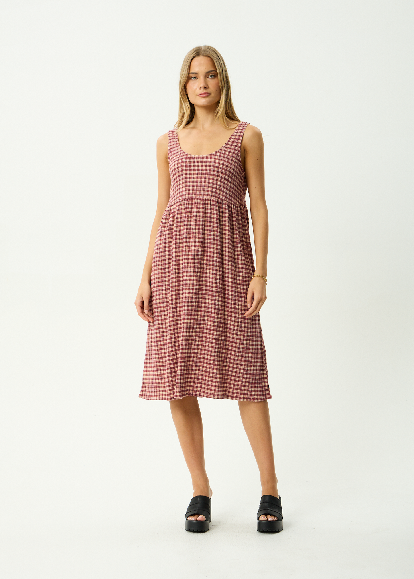 AFENDS Womens Capricorn - Seersucker Midi Dress - Burgundy / Beige Check