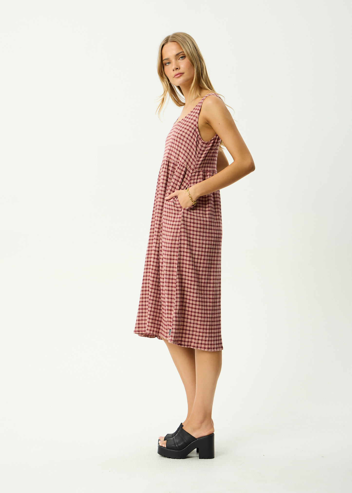 AFENDS Womens Capricorn - Seersucker Midi Dress - Burgundy / Beige Check